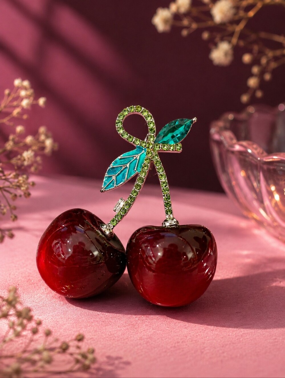 Cherry Brooch Pin Lucite Vintage Style Silver